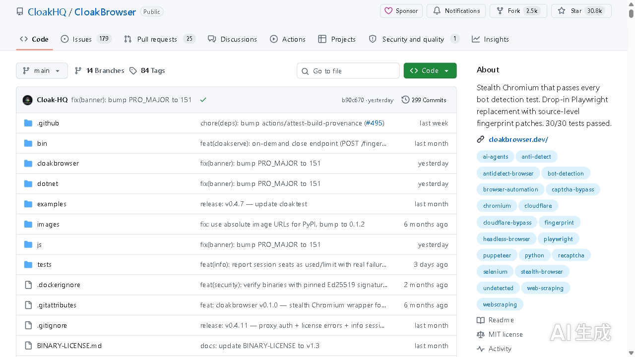 CloakBrowser GitHub 仓库页面（30.8k Star）