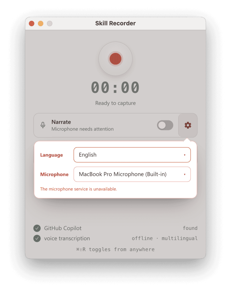 The screenshot shows a Skill Recorder interface with options to record audio, including language and microphone settings, where the microphone service is currently unavailable.