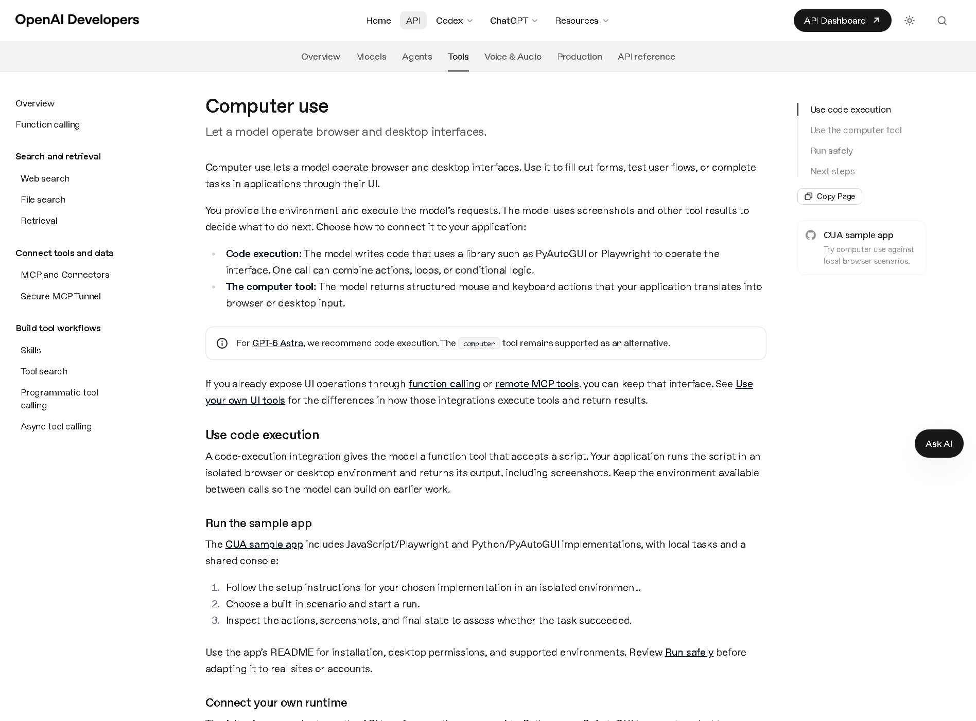 Responses API Computer Use 官方指南页概览